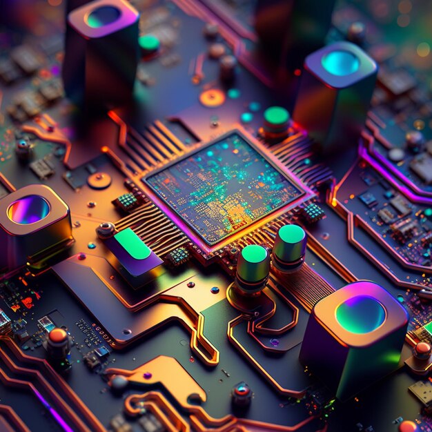 um close-up de uma placa-mãe de computador com muitas luzes de cores diferentes