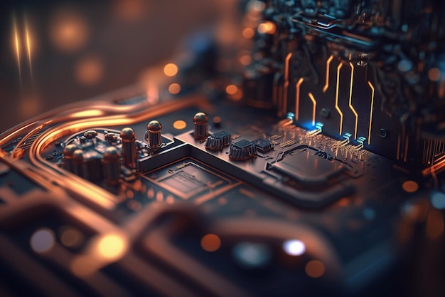 um close-up de uma placa-mãe de computador com uma placa de circuito no fundo