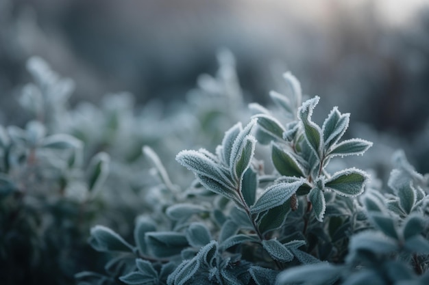 Um close-up de uma planta coberta de gelo