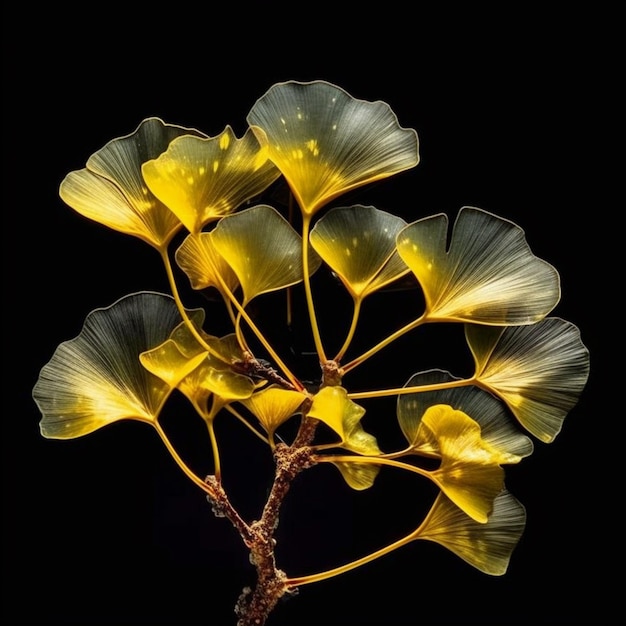 Um close-up de uma planta com folhas amarelas em um fundo preto generativo ai