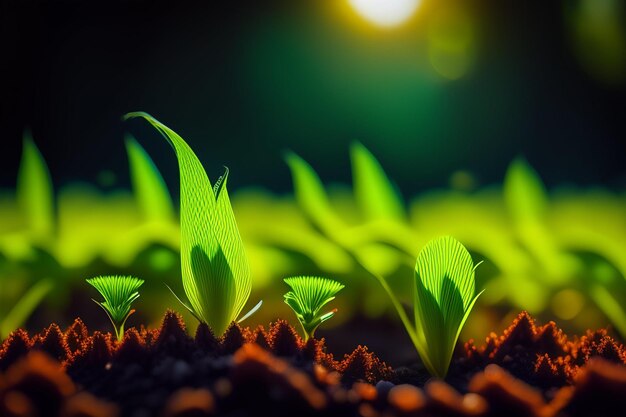 Um close-up de uma planta com folhas verdes e o sol brilhando sobre ela