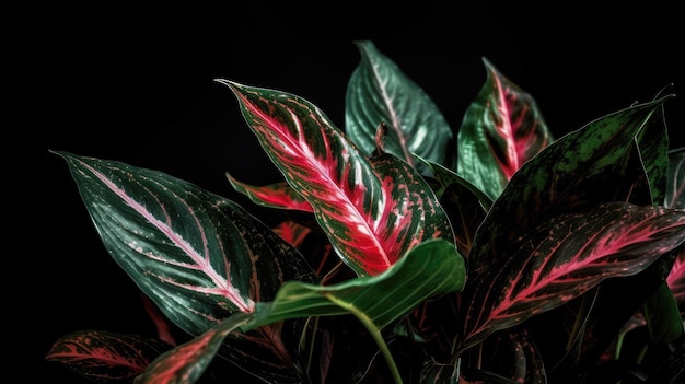 Um close-up de uma planta com folhas vermelhas e verdes