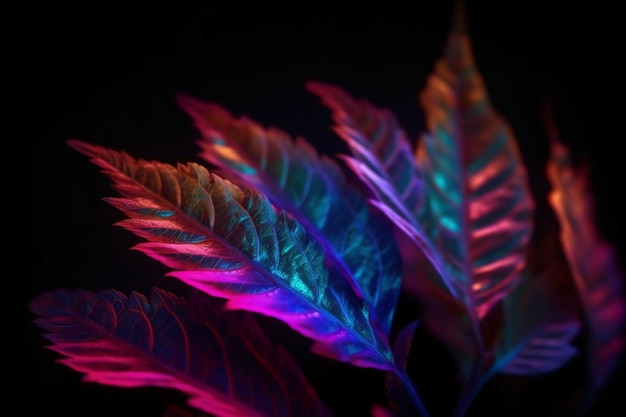 Um close-up de uma planta com luzes coloridas