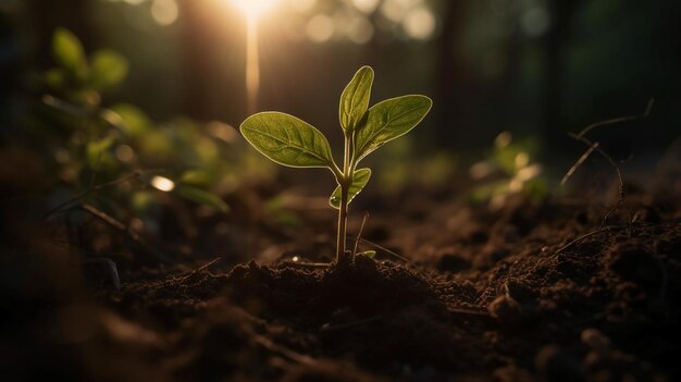 Um close-up de uma planta com o sol brilhando através das folhas