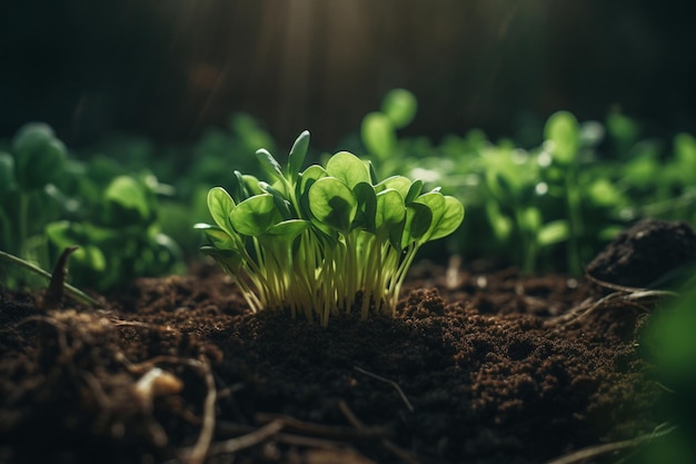 Um close-up de uma planta com o sol brilhando sobre ela