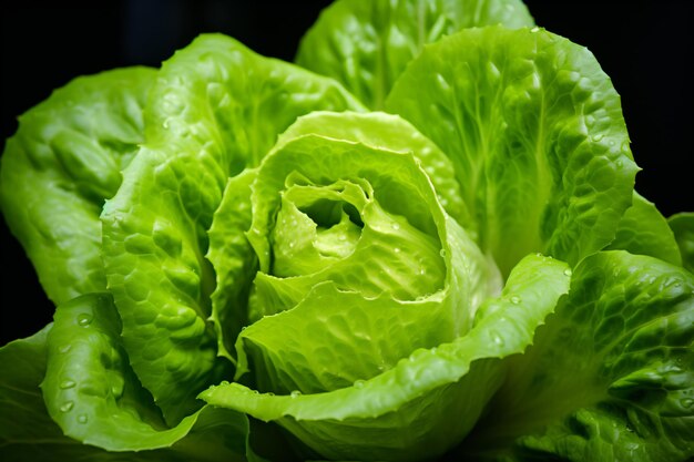 Foto um close-up de uma planta de alface com gotas de água