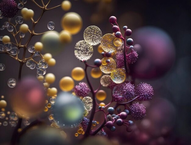 Um close-up de uma planta de cor roxa e dourada com pequenas contas roxas.