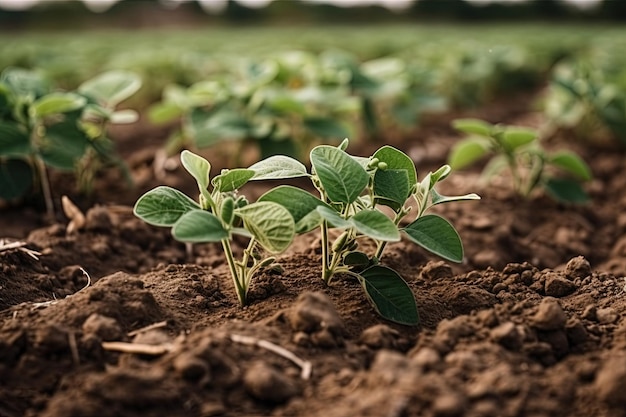 Um close-up de uma planta de soja em um campo