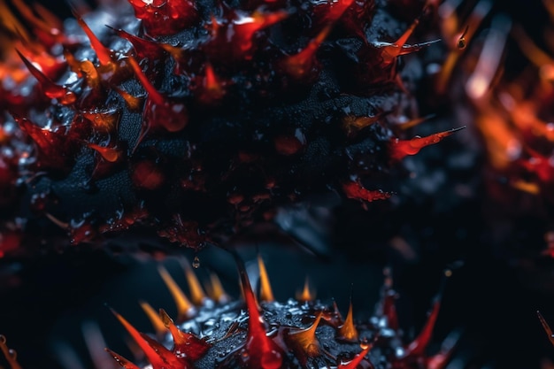 Um close-up de uma planta preta com picos pontiagudos vermelhos