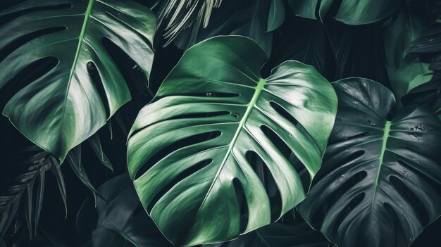 Um close-up de uma planta tropical com grandes folhas verdes.