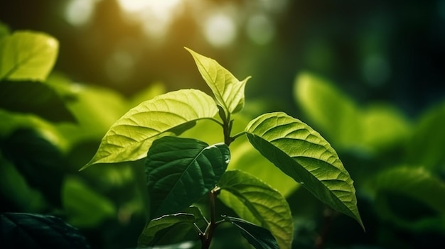 Um close-up de uma planta verde com o sol brilhando sobre ela