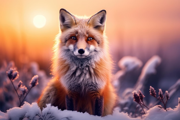 um close-up de uma raposa em um campo de neve
