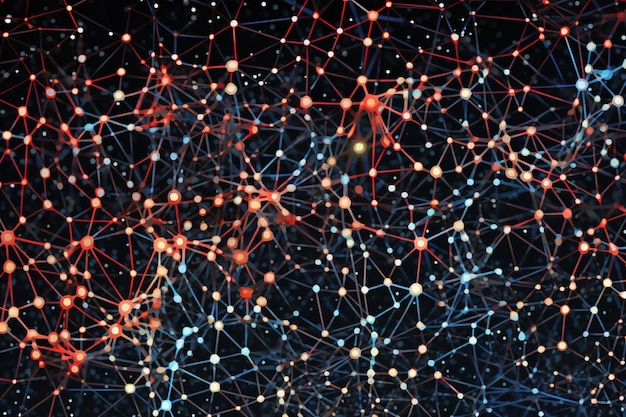 Um close-up de uma rede com linhas e pontos vermelhos e azuis.