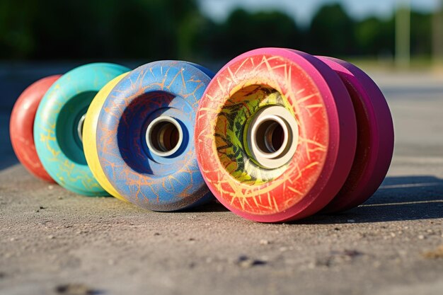 Foto um close-up de uma roda de skate em uma calçada de concreto