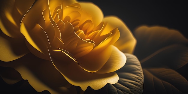 Um close-up de uma rosa amarela em uma IA generativa de fundo preto