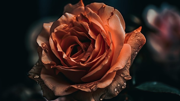 Um close-up de uma rosa com gotas de água sobre ela