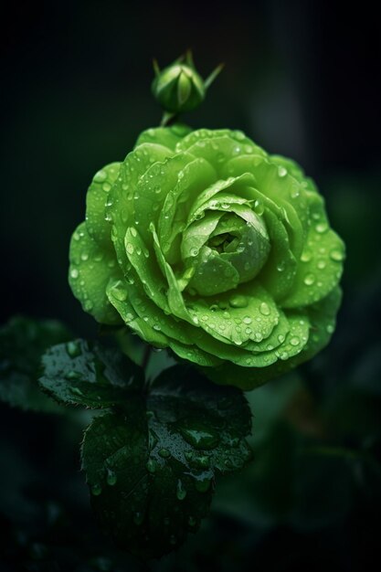 um close-up de uma rosa verde com gotas de água sobre ele