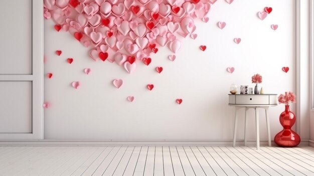 um close-up de uma sala com uma mesa e uma parede em forma de coração