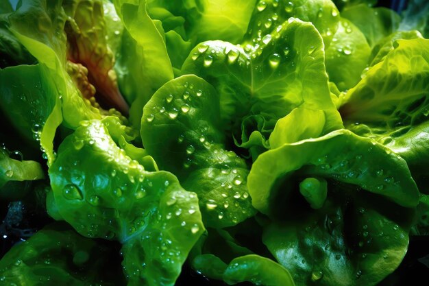 Um close-up de uma salada com gotas de água sobre ele