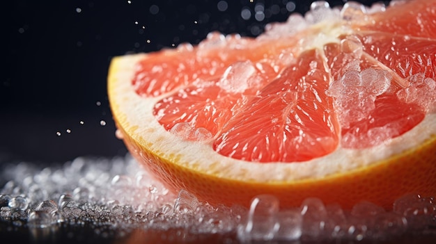 Um close-up de uma suculenta fatia de toranja com gotas de água com gás