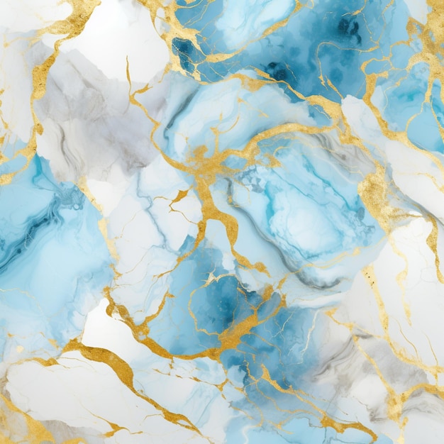 Um close-up de uma superfície de mármore com ouro e tinta azul generativa ai