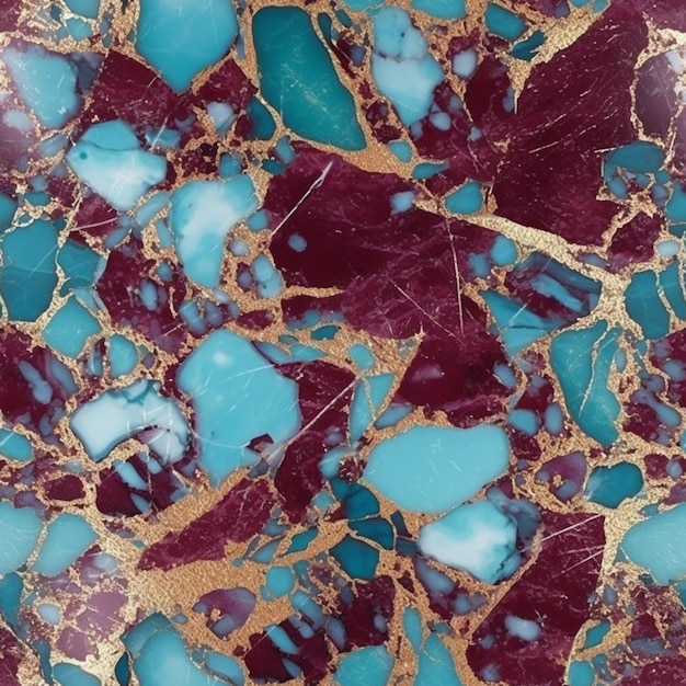 Um close-up de uma superfície de mármore com um padrão vermelho e azul generativo ai