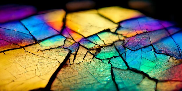 Um close-up de uma superfície multicolorida multicolorida rachada com uma superfície quebrada.