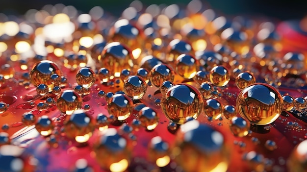 Um close-up de uma superfície vermelha com esferas metálicas e a palavra mercúrio nela.