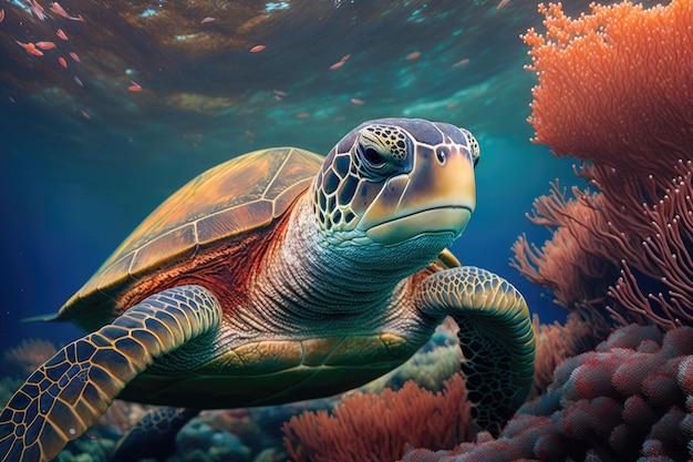 Um close-up de uma tartaruga marinha sobre um recife de coral no Havaí