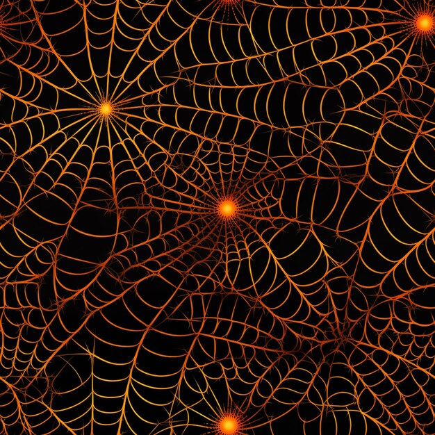 Foto um close-up de uma teia de aranha com luzes laranjas sobre ele generativo ai