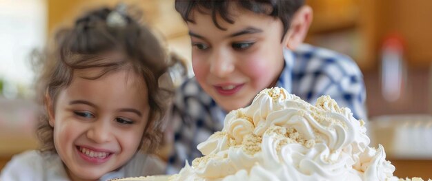 Um close-up de uma torrada transbordando de creme com um menino e uma menina sauditas felizes olhando para ela em deleite