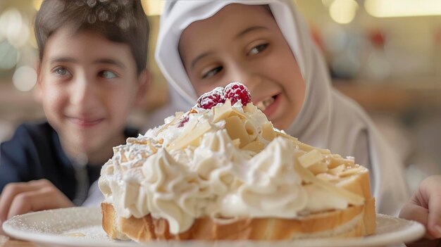 Um close-up de uma torrada transbordando de creme com um menino e uma menina sauditas felizes olhando para ela em deleite