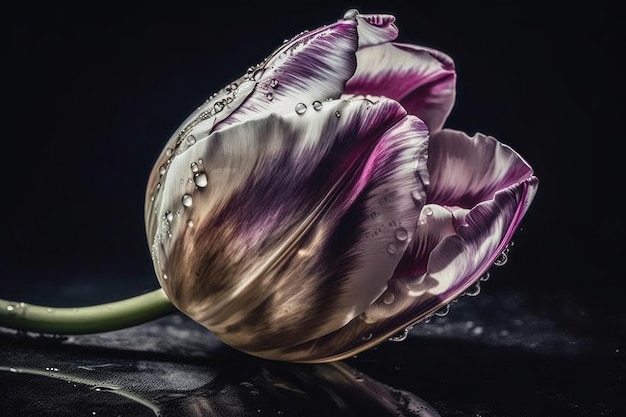 Um close-up de uma tulipa com gotas de água sobre ela