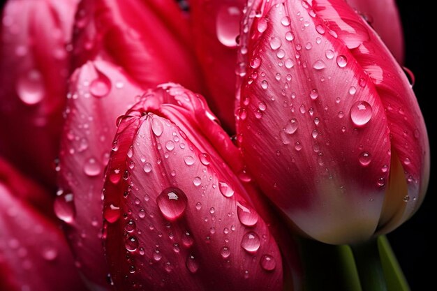 um close-up de uma tulipa vermelha com gotas de água sobre ela