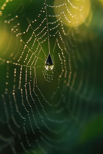 Foto um close-up de uma única gota de orvalho em uma teia de aranha na luz da manhã cedo