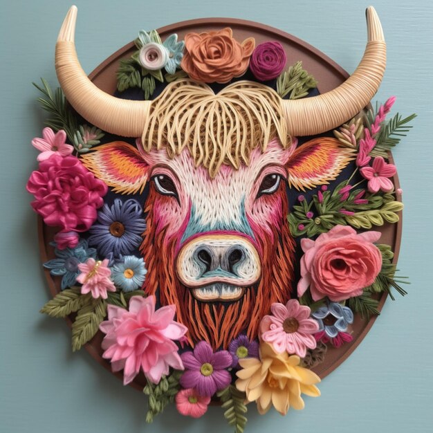 Foto um close-up de uma vaca com chifres e flores em uma parede generativa ai