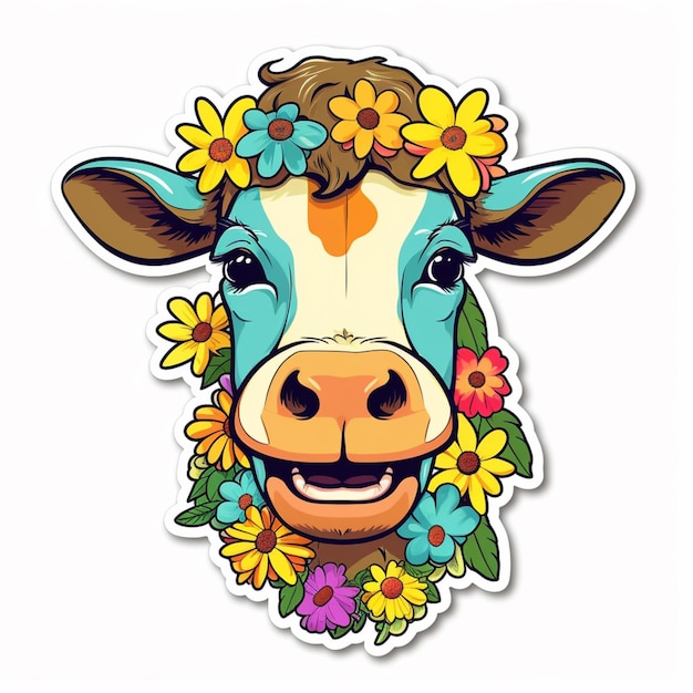 Um close-up de uma vaca com flores em sua cabeça generativa ai