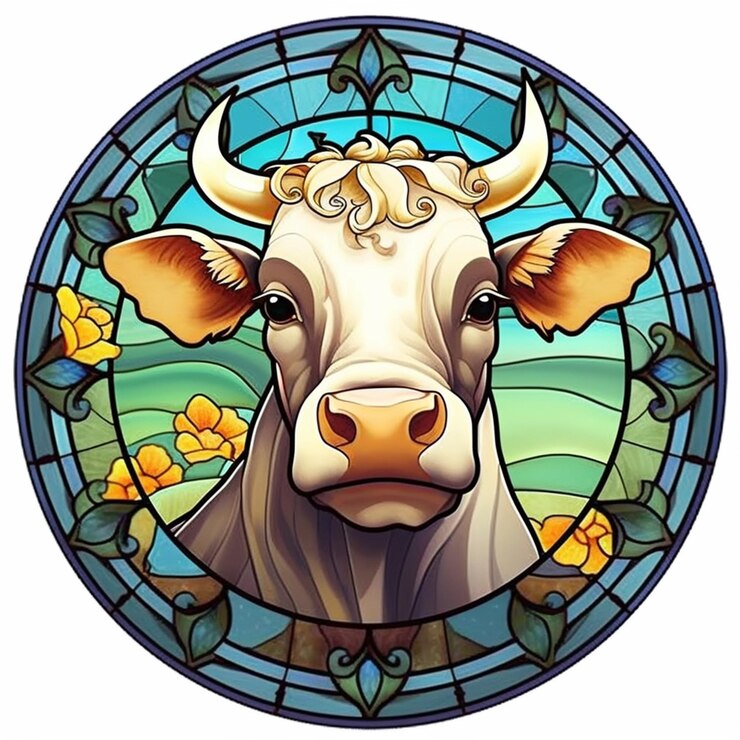Foto um close-up de uma vaca em um vitral com flores generativas ai