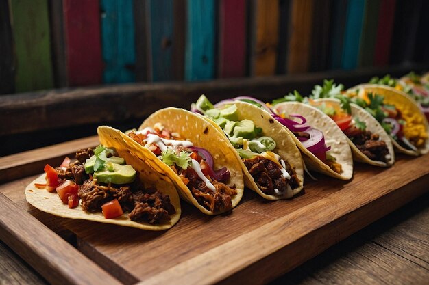 Foto um close-up de uma variedade colorida de tacos em um prato de madeira