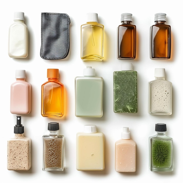 um close-up de uma variedade de garrafas de diferentes tipos de sabão generativo ai