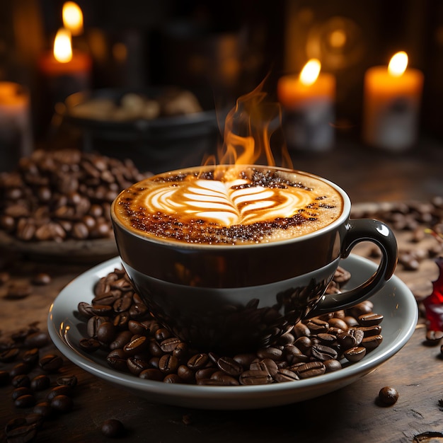 Um close-up de uma xícara de café fumegante com um design de arte latte em forma de coração no topo