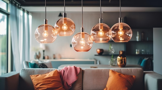Um close-up de várias luminárias pendentes em forma de globo de vidro acima de um sofá em uma sala de estar aconchegante Design de interiores vintage elegante com ênfase na iluminação Renderização em 3D de maquete