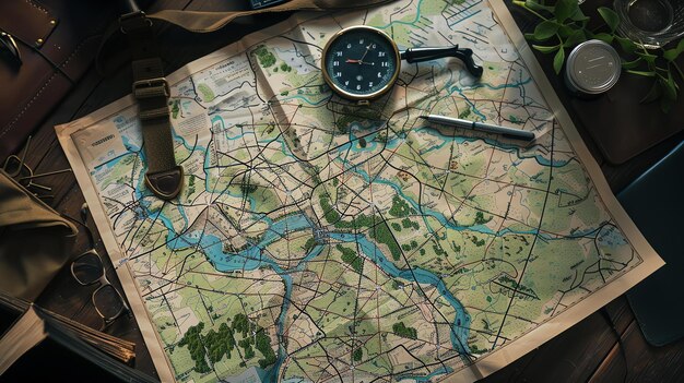Um close-up detalhado de um mapa vintage com uma bússola uma caneta e um par de óculos em cima dele O mapa é de uma cidade fictícia com detalhes intrincados
