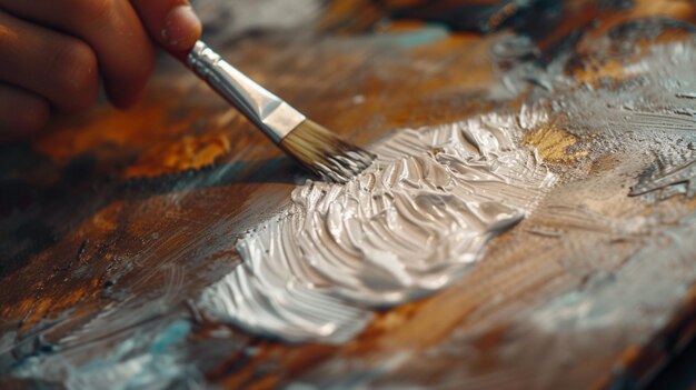 um close-up do artista pintando uma imagem com tintas a óleo