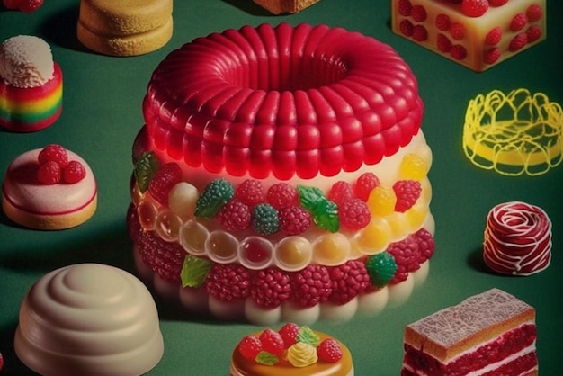 Um close-up do bolo com muitos tipos diferentes de bolos generativos ai