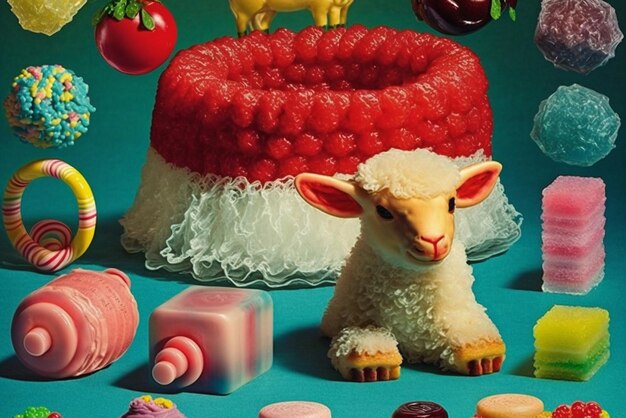 Um close-up do bolo com ovelhas e nele generativo ai