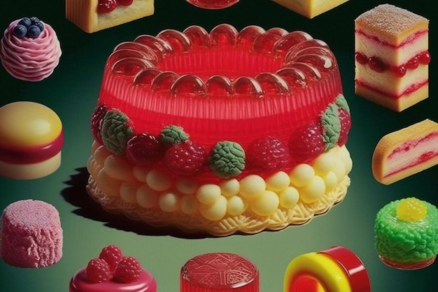 Um close-up do bolo com vários tipos de bolos e doces generativos ai