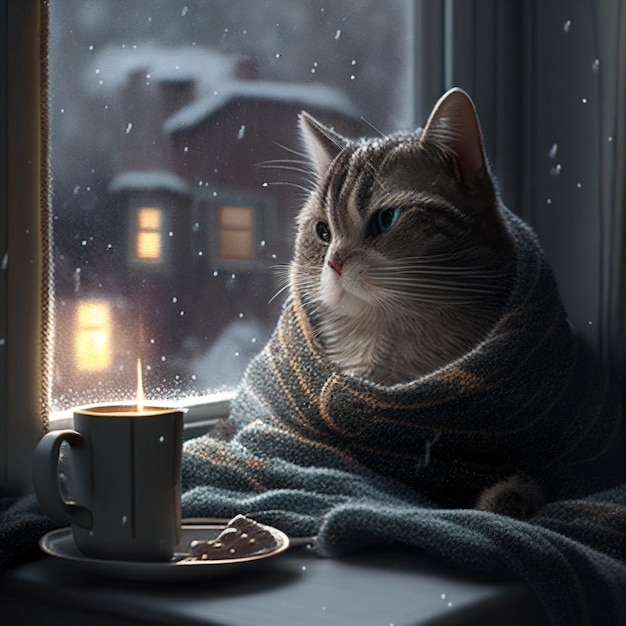 Um close-up do gato no cobertor enrolado em torno da xícara de café generativa ai