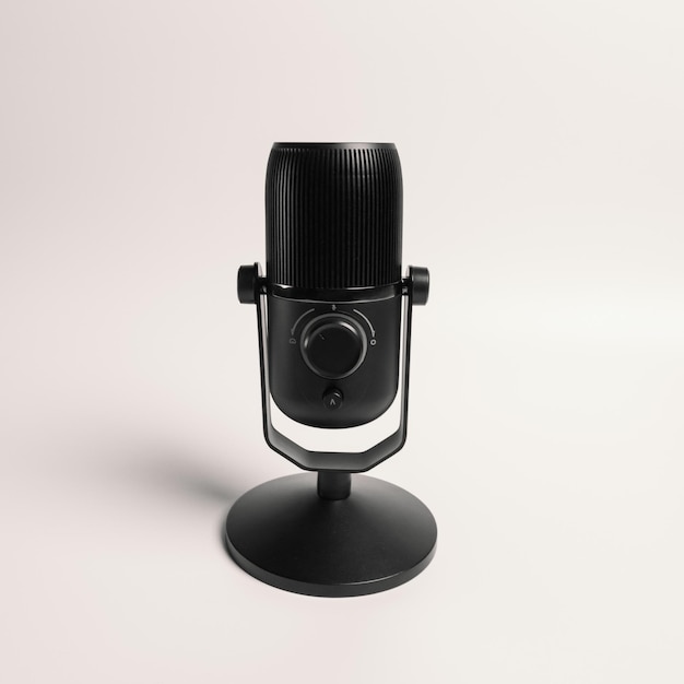 Um close-up do microfone do condensador em preto sobre um fundo branco e equipado com uma chave de caixa