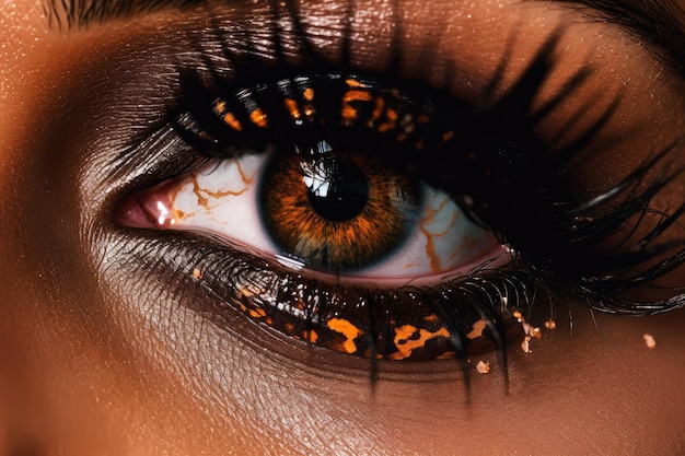 Um close-up do olho de uma mulher com glitter laranja nos cílios